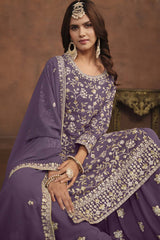 Lavender Georgette Resham_Embroidery Full Sleeve Round Neck Pakistani Salwar Kameez