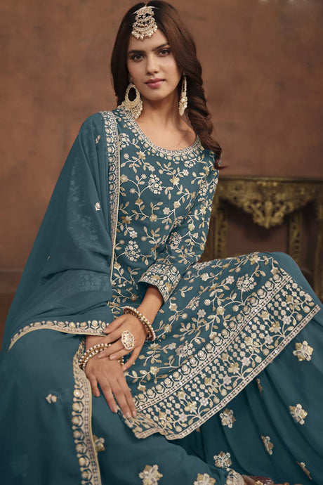 Dark-Grey Georgette Resham_Embroidery Full Sleeve Round Neck Pakistani Salwar Kameez