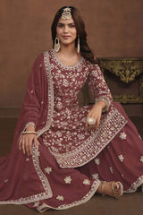 Brown Georgette Resham_Embroidery Full Sleeve Round Neck Pakistani Salwar Kameez