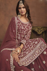 Brown Georgette Resham_Embroidery Full Sleeve Round Neck Pakistani Salwar Kameez