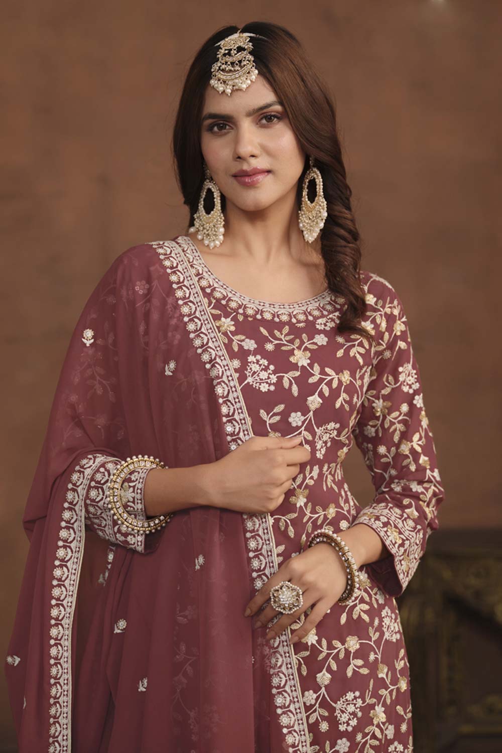 Brown Georgette Resham_Embroidery Full Sleeve Round Neck Pakistani Salwar Kameez