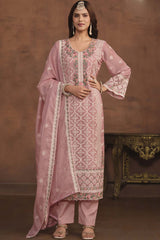 Peach Organza Embroidered Full Sleeve Round Neck Pakistani Salwar Kameez