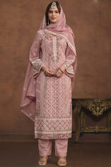 Peach Organza Embroidered Full Sleeve Round Neck Pakistani Salwar Kameez