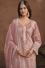 Peach Organza Embroidered Full Sleeve Round Neck Pakistani Salwar Kameez