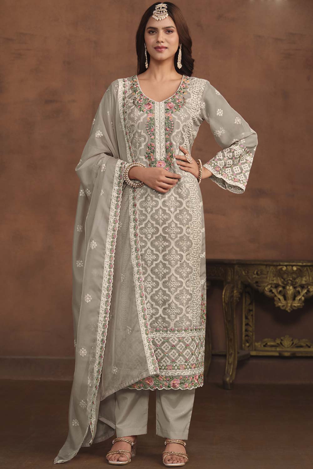 Beige Organza Embroidered Full Sleeve Round Neck Pakistani Salwar Kameez