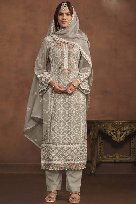 Beige Organza Embroidered Full Sleeve Round Neck Pakistani Salwar Kameez