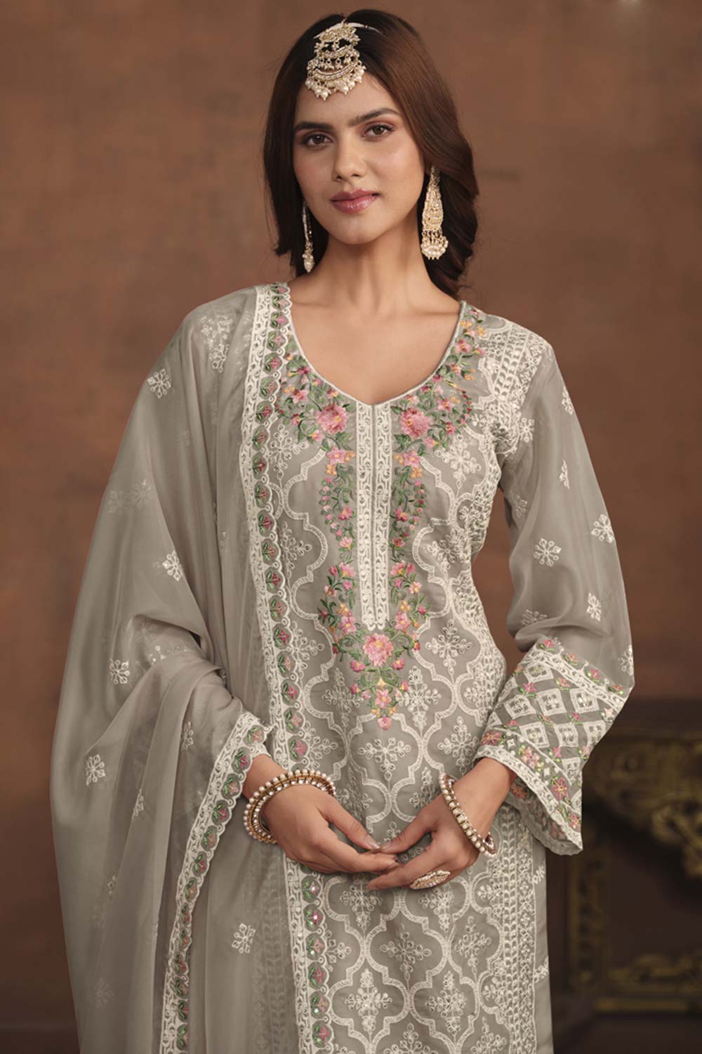 Beige Organza Embroidered Full Sleeve Round Neck Pakistani Salwar Kameez