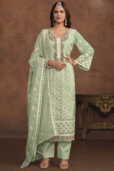 Light-Green Organza Embroidered Full Sleeve Round Neck Pakistani Salwar Kameez