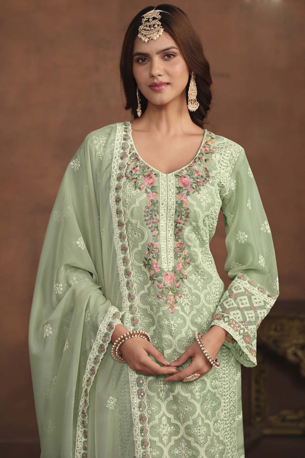 Light-Green Organza Embroidered Full Sleeve Round Neck Pakistani Salwar Kameez