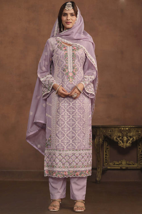 Lavender Organza Embroidered Full Sleeve Round Neck Pakistani Salwar Kameez