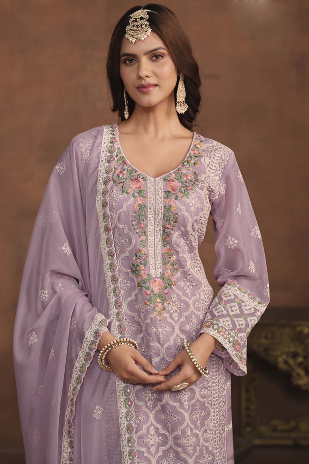 Lavender Organza Embroidered Full Sleeve Round Neck Pakistani Salwar Kameez