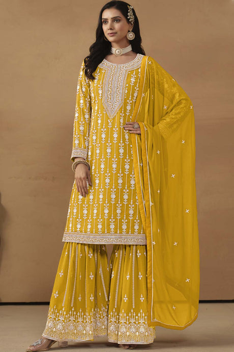 Yellow Georgette Resham_Embroidery Full Sleeve Round Neck Pakistani Salwar Kameez