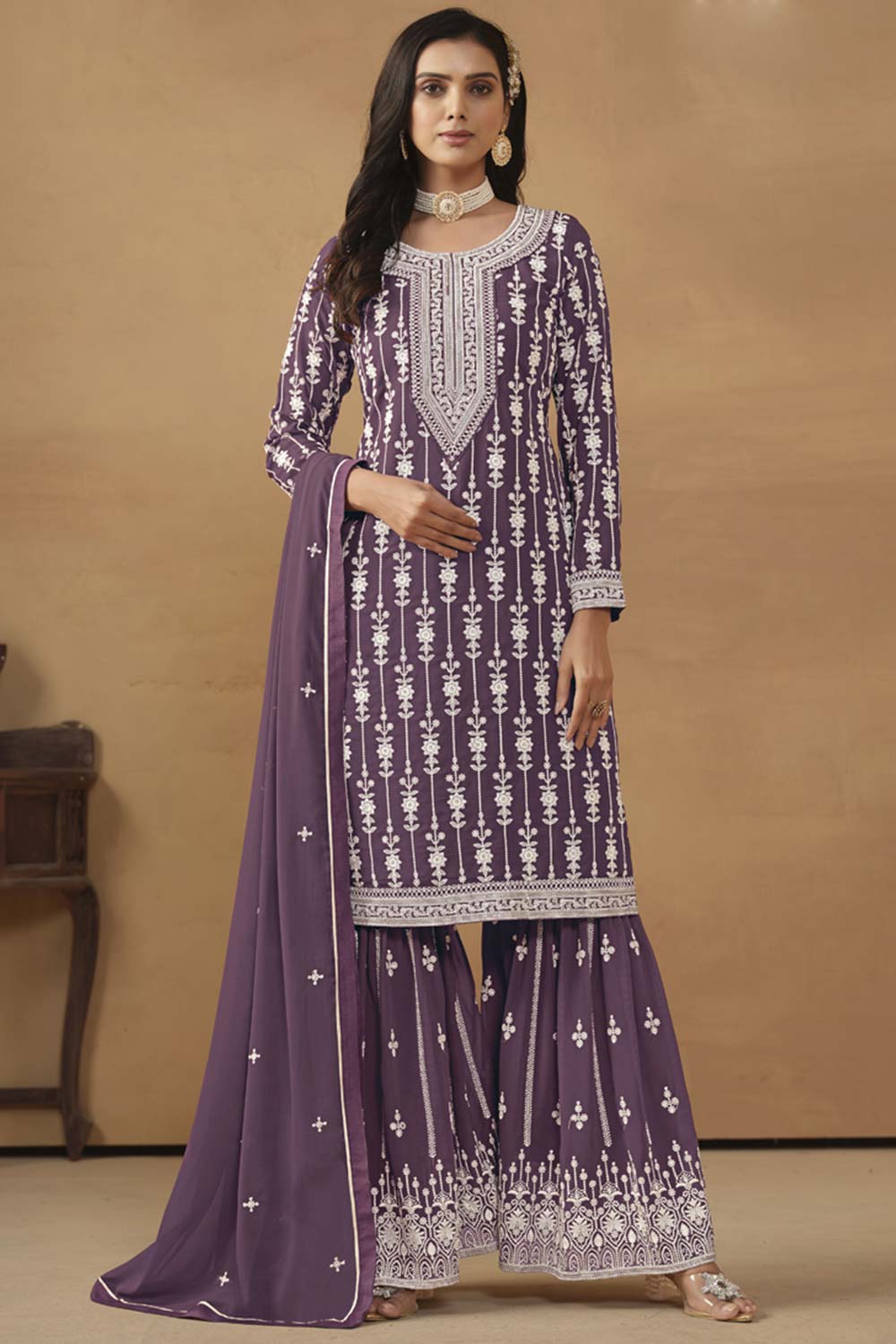 Purple Georgette Resham_Embroidery Full Sleeve Round Neck Pakistani Salwar Kameez