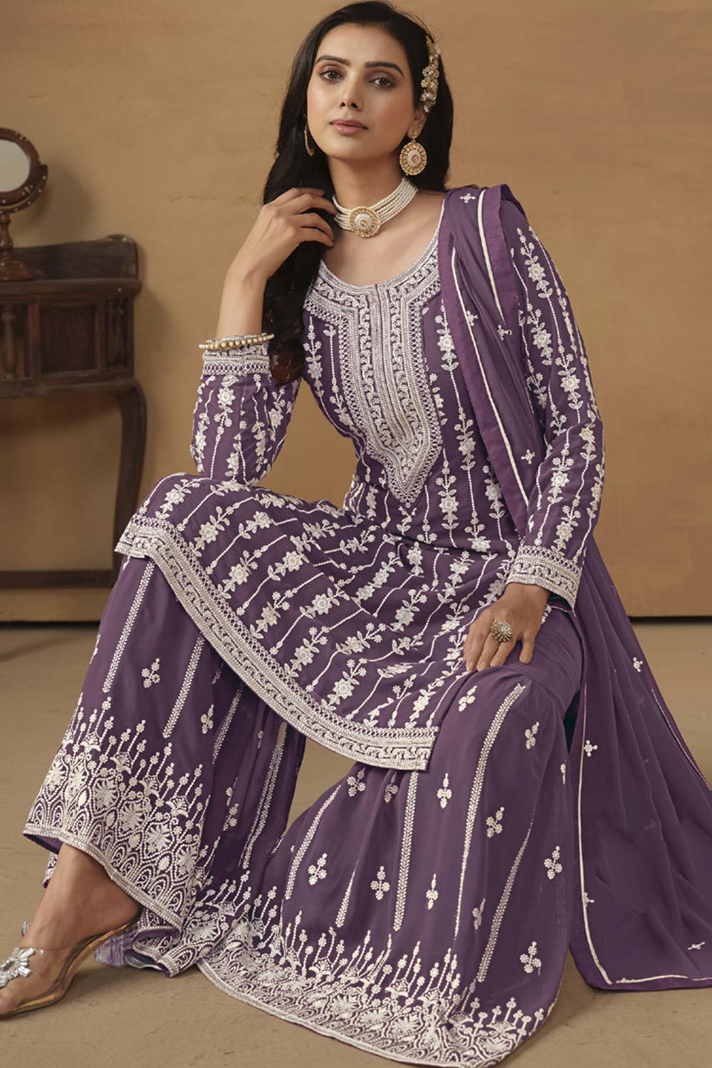 Purple Georgette Resham_Embroidery Full Sleeve Round Neck Pakistani Salwar Kameez