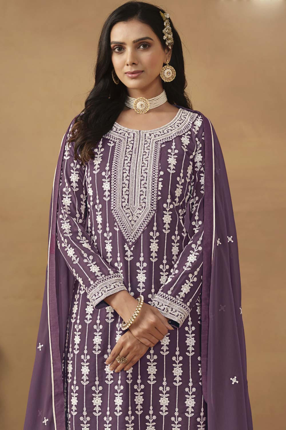 Purple Georgette Resham_Embroidery Full Sleeve Round Neck Pakistani Salwar Kameez