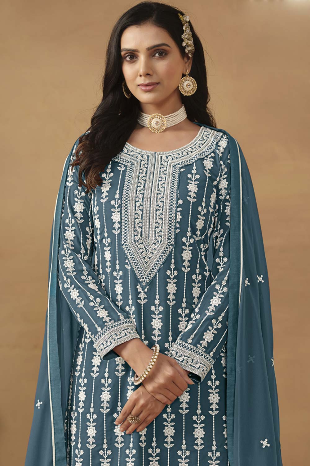 Grey Georgette Resham_Embroidery Full Sleeve Round Neck Pakistani Salwar Kameez