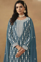 Grey Georgette Resham_Embroidery Full Sleeve Round Neck Pakistani Salwar Kameez