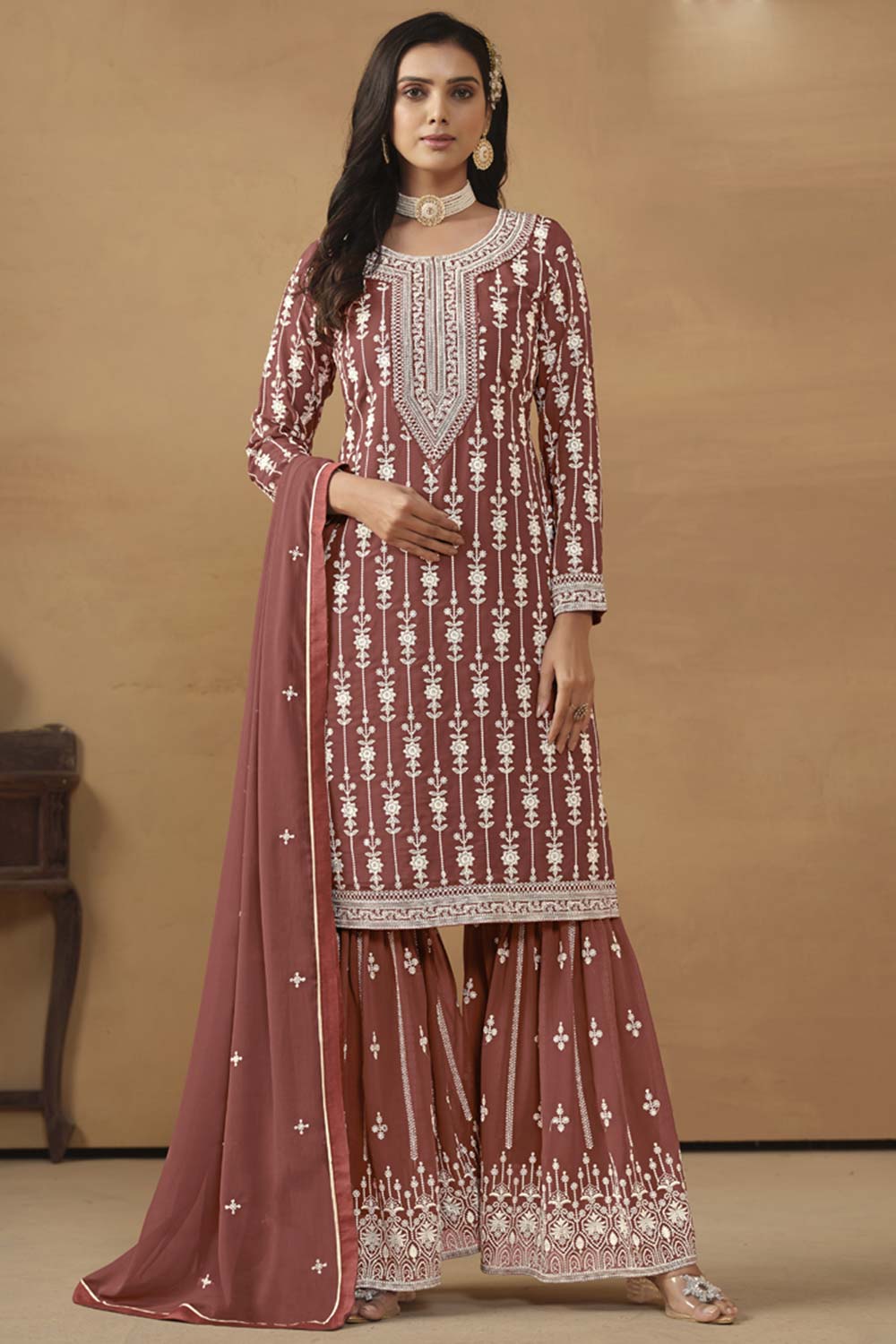 Brown Georgette Resham_Embroidery Full Sleeve Round Neck Pakistani Salwar Kameez