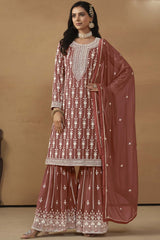 Brown Georgette Resham_Embroidery Full Sleeve Round Neck Pakistani Salwar Kameez