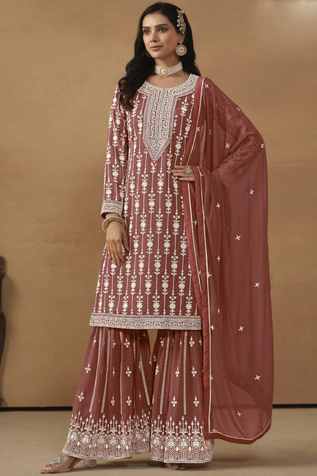 Brown Georgette Resham_Embroidery Full Sleeve Round Neck Pakistani Salwar Kameez