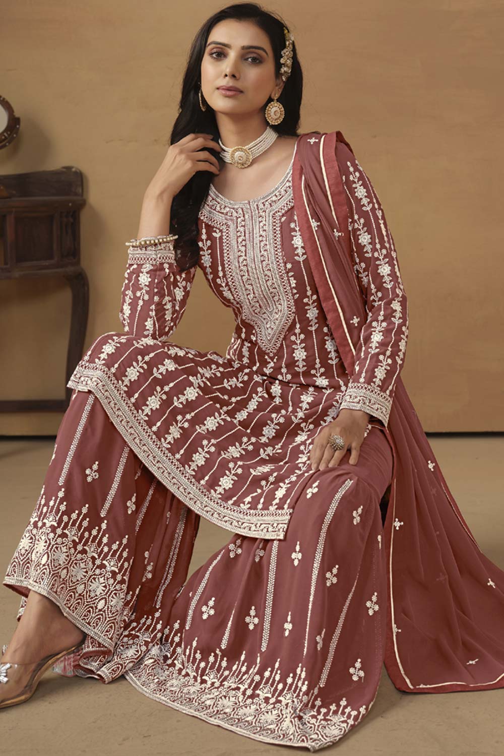 Brown Georgette Resham_Embroidery Full Sleeve Round Neck Pakistani Salwar Kameez