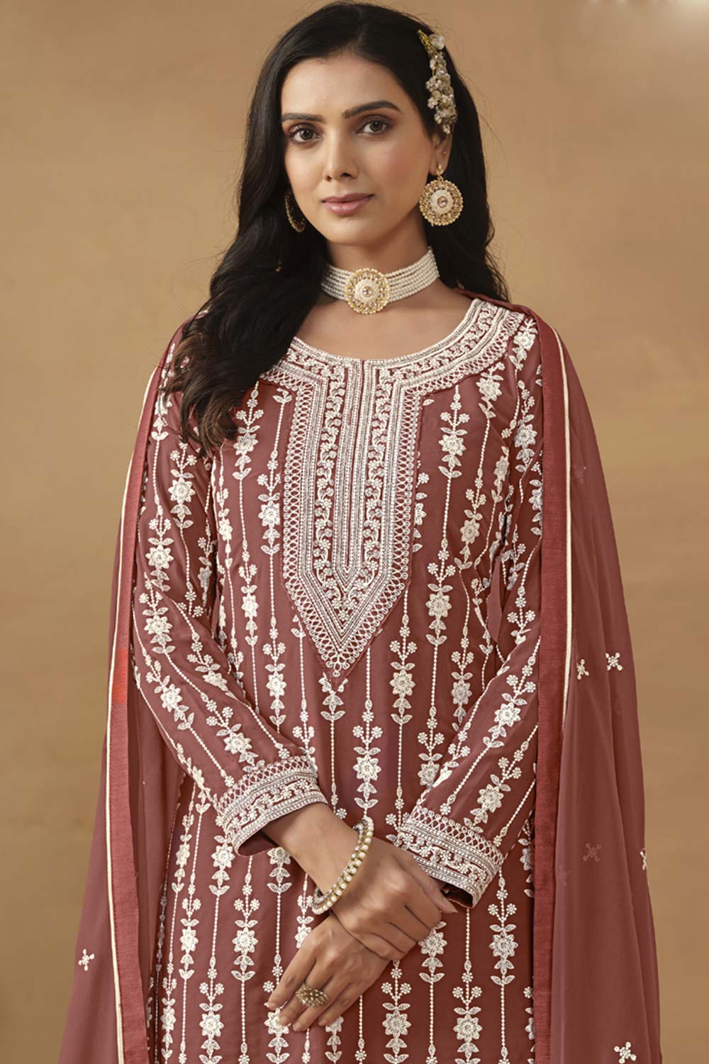 Brown Georgette Resham_Embroidery Full Sleeve Round Neck Pakistani Salwar Kameez