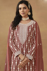 Brown Georgette Resham_Embroidery Full Sleeve Round Neck Pakistani Salwar Kameez