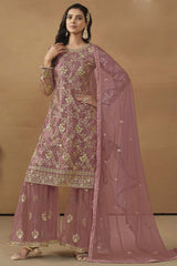 Onion-Pink Net Embroidered Full Sleeve Round Neck Pakistani Salwar Kameez