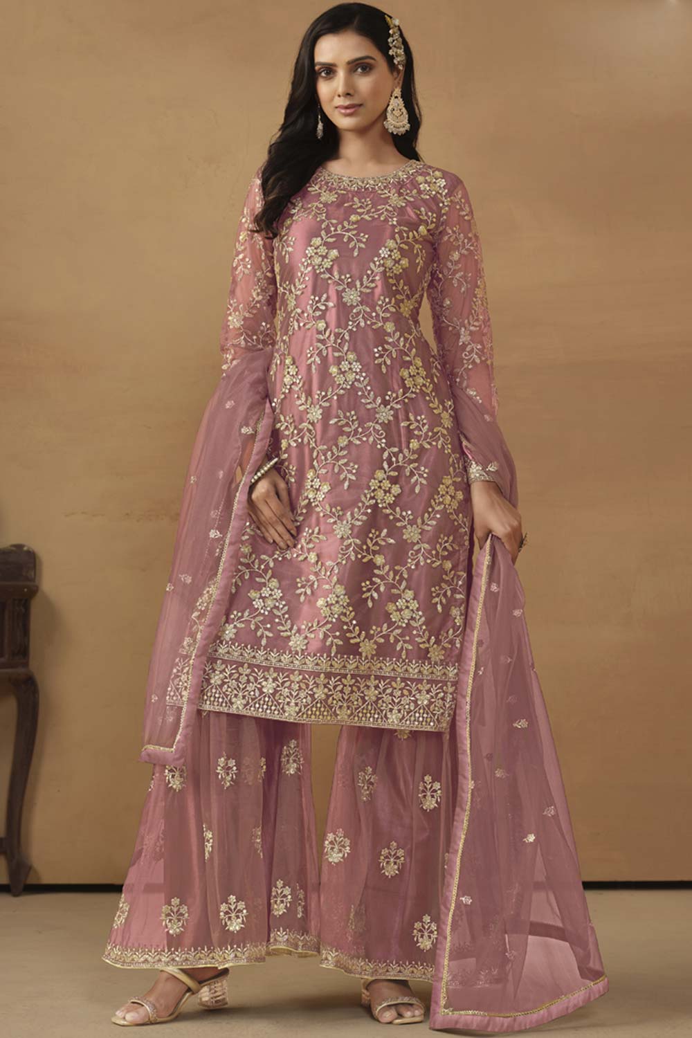 Onion-Pink Net Embroidered Full Sleeve Round Neck Pakistani Salwar Kameez