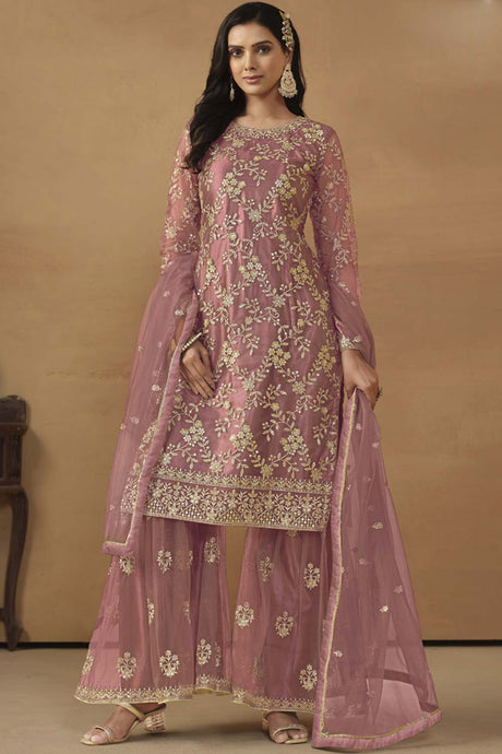 Onion-Pink Net Embroidered Full Sleeve Round Neck Pakistani Salwar Kameez