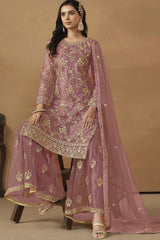 Onion-Pink Net Embroidered Full Sleeve Round Neck Pakistani Salwar Kameez