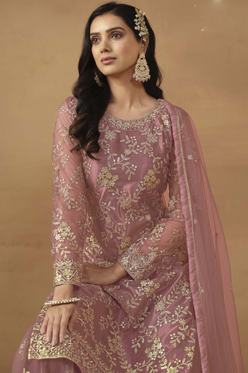 Onion-Pink Net Embroidered Full Sleeve Round Neck Pakistani Salwar Kameez