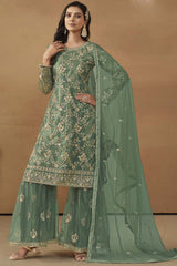 Green Net Embroidered Full Sleeve Round Neck Pakistani Salwar Kameez