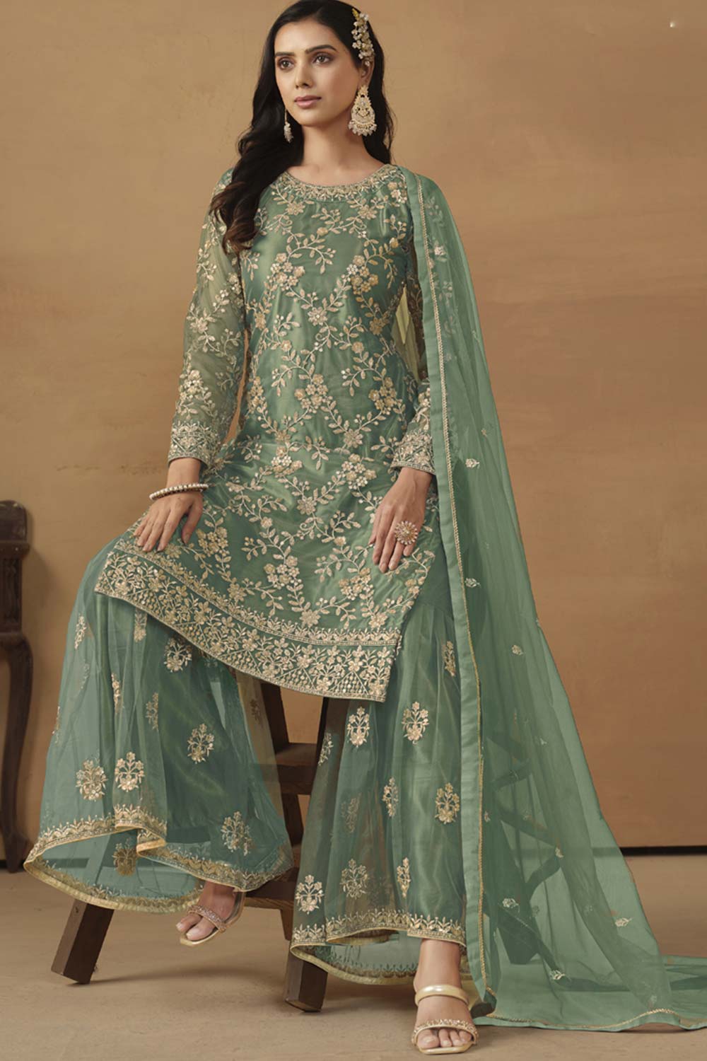 Green Net Embroidered Full Sleeve Round Neck Pakistani Salwar Kameez