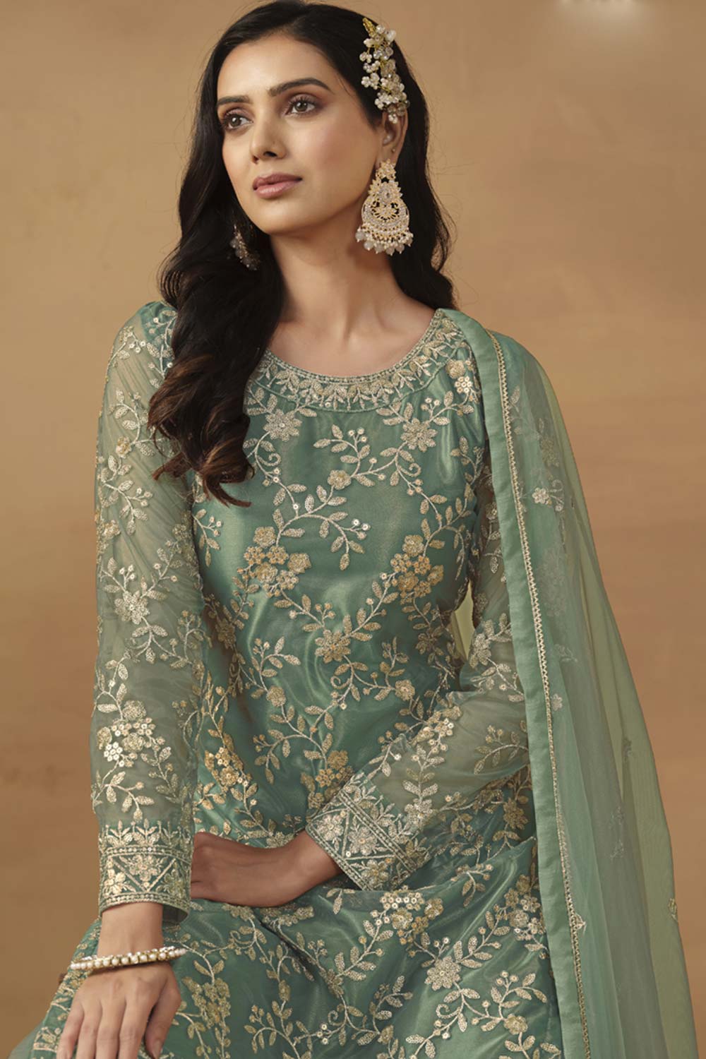 Green Net Embroidered Full Sleeve Round Neck Pakistani Salwar Kameez