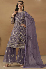 Purple Net Embroidered Full Sleeve Round Neck Pakistani Salwar Kameez