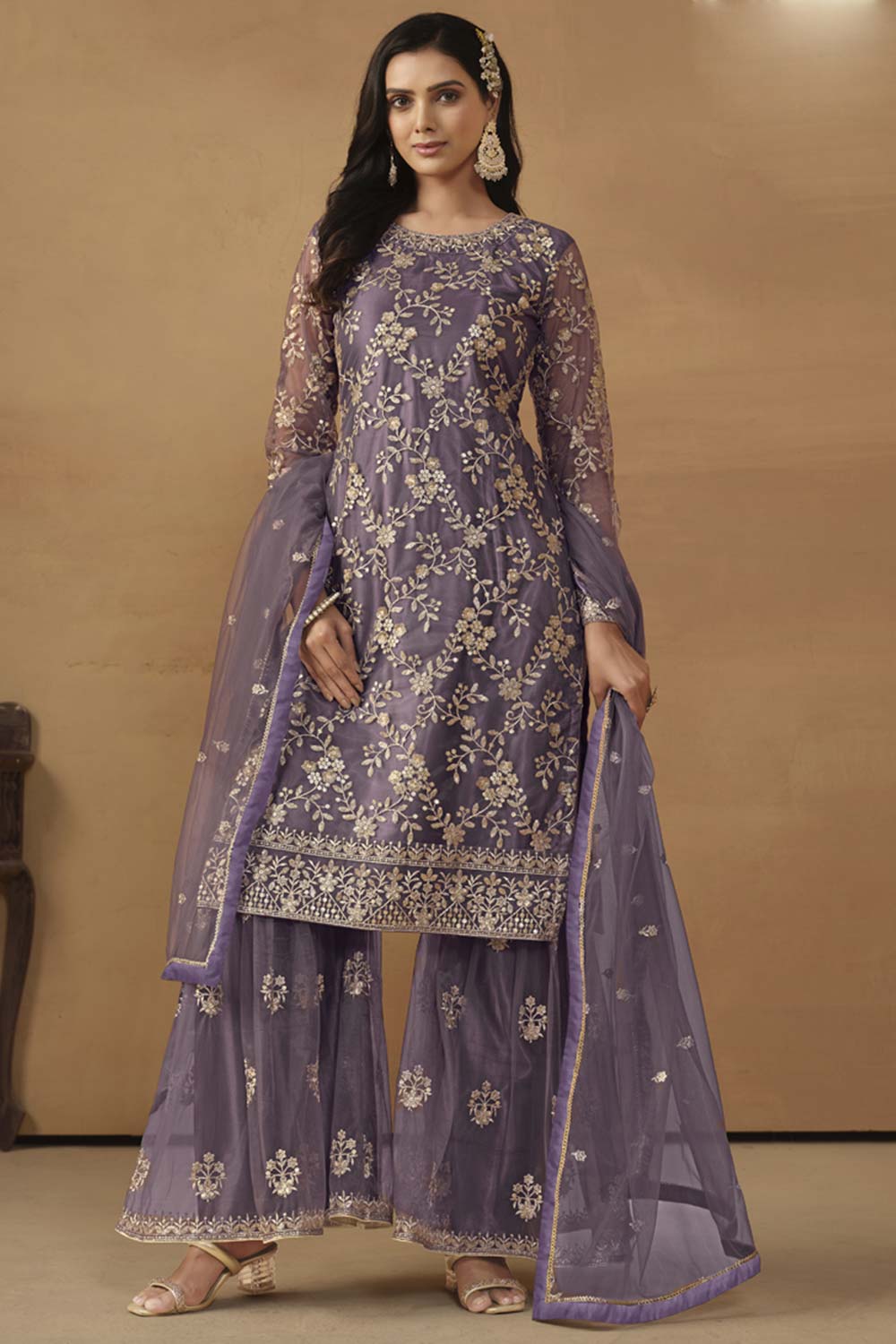 Purple Net Embroidered Full Sleeve Round Neck Pakistani Salwar Kameez