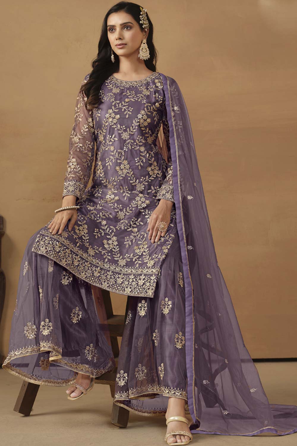 Purple Net Embroidered Full Sleeve Round Neck Pakistani Salwar Kameez