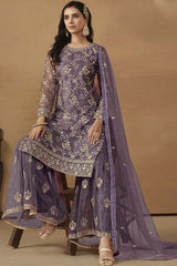 Purple Net Embroidered Full Sleeve Round Neck Pakistani Salwar Kameez