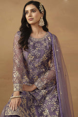 Purple Net Embroidered Full Sleeve Round Neck Pakistani Salwar Kameez