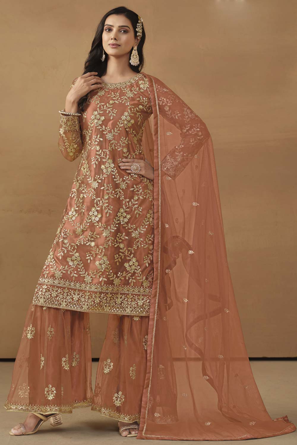 Orange Net Embroidered Full Sleeve Round Neck Pakistani Salwar Kameez