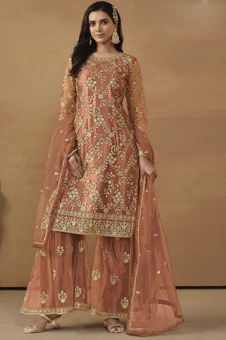 Orange Net Embroidered Full Sleeve Round Neck Pakistani Salwar Kameez