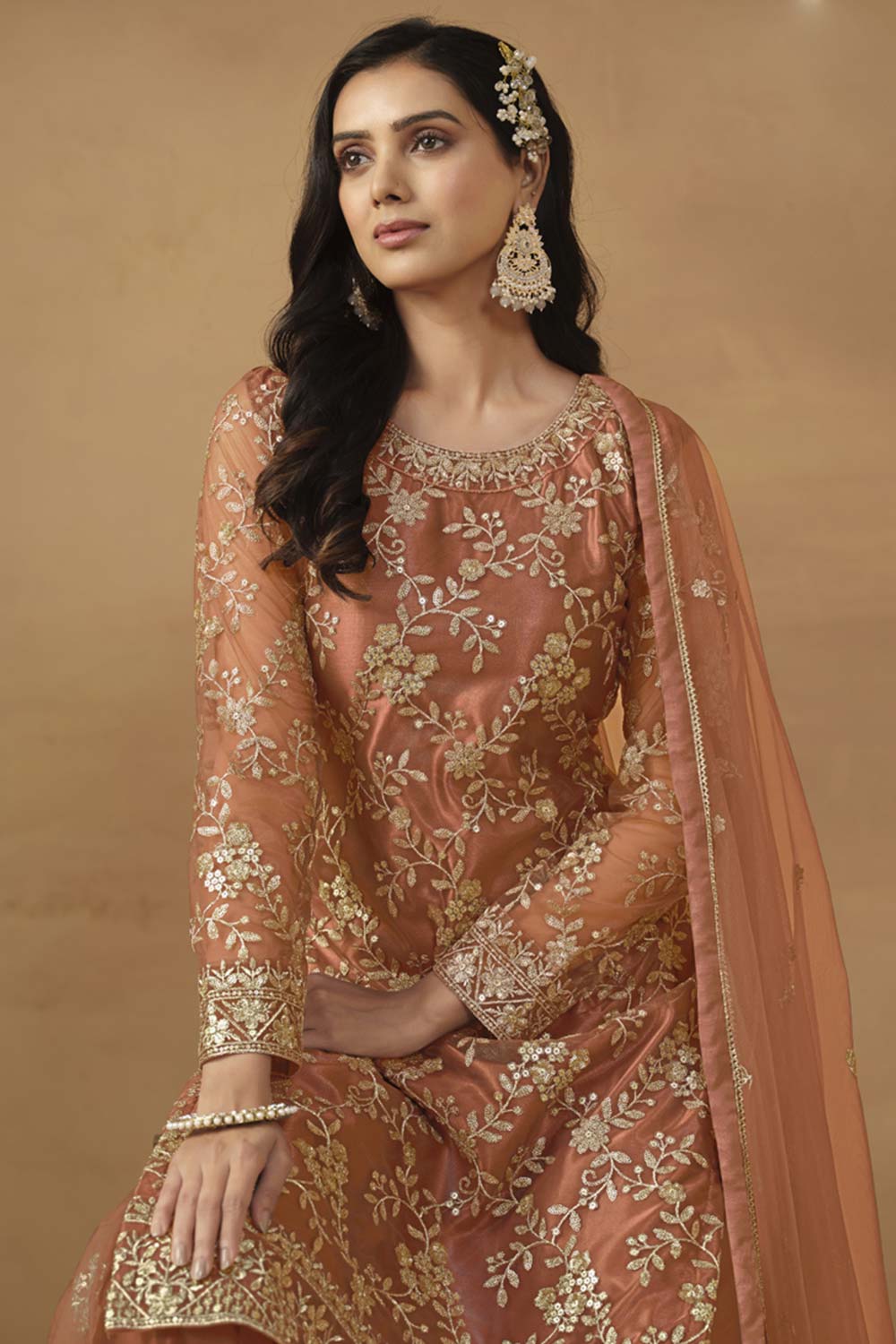 Orange Net Embroidered Full Sleeve Round Neck Pakistani Salwar Kameez