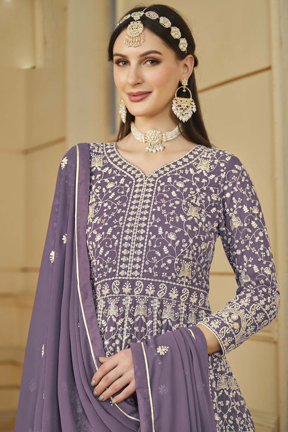 Lavender Georgette Embroidered Full Sleeve Round Neck Anarkali Salwar Kameez