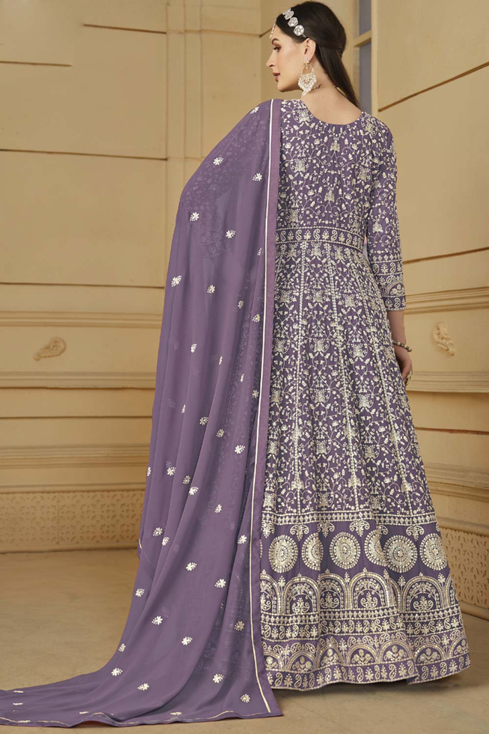 Lavender Georgette Embroidered Full Sleeve Round Neck Anarkali Salwar Kameez