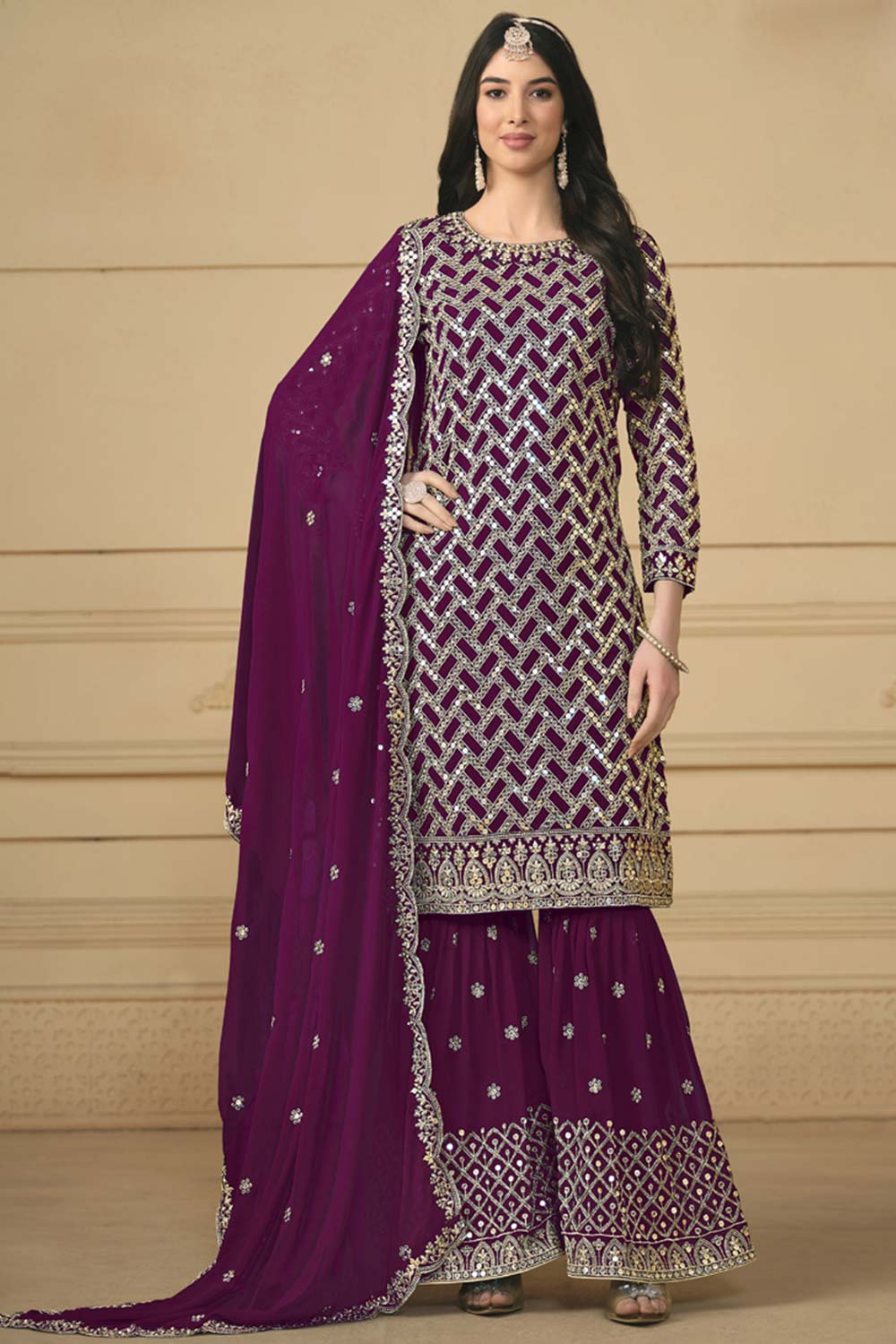 Violet Georgette Embroidered Full Sleeve Round Neck Pakistani Salwar Kameez