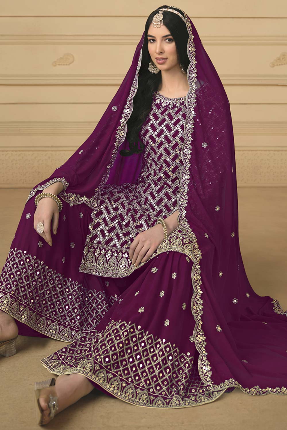 Violet Georgette Embroidered Full Sleeve Round Neck Pakistani Salwar Kameez