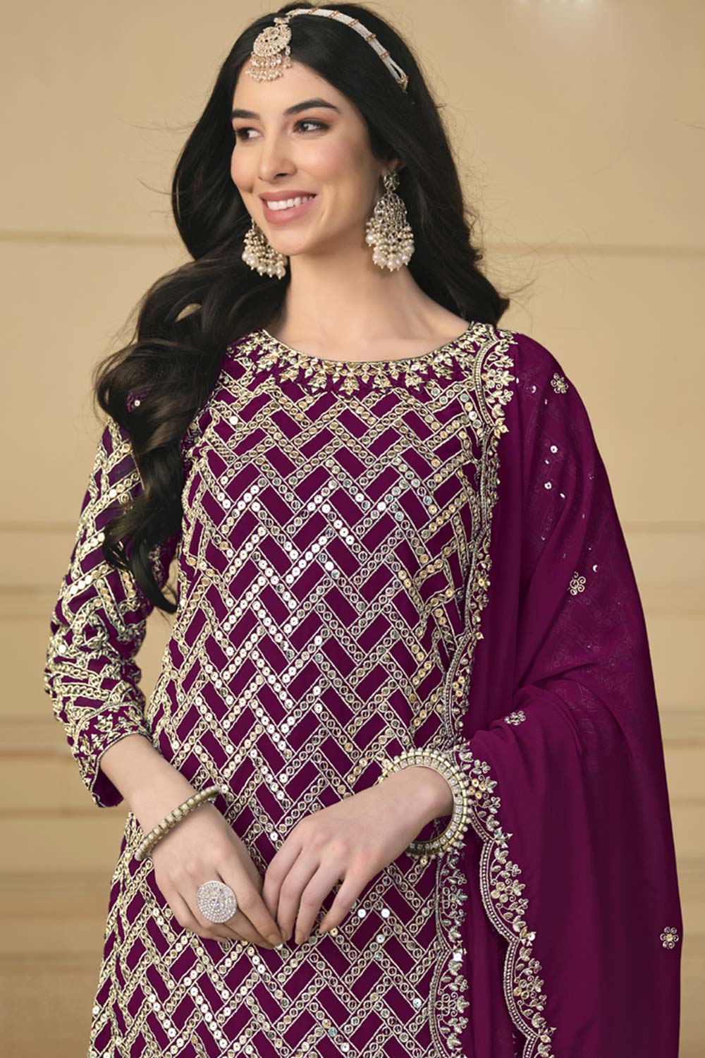 Violet Georgette Embroidered Full Sleeve Round Neck Pakistani Salwar Kameez