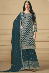 Teal Georgette Embroidered Full Sleeve Round Neck Pakistani Salwar Kameez