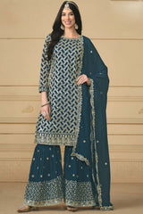 Teal Georgette Embroidered Full Sleeve Round Neck Pakistani Salwar Kameez